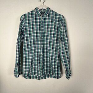 Lacoste Mens Slim Fit Green & Blue Plaid Long-Sleeve Button-Down Shirt Small